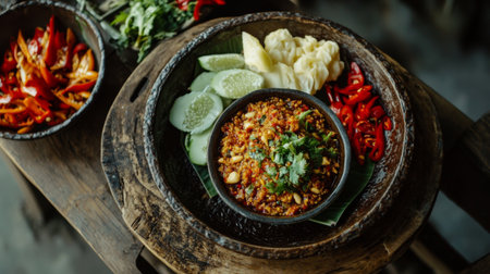 A close-up of a bowl of chili paste, surrounded by fresh, vibrant vegetables on a wooden platter, capturing the rich colors and textures of the ingredients.の素材