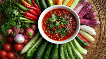 A beautifully styled platter of various fresh vegetables arranged around a bowl of shrimp paste chili dip , placed on a traditional woven mat.の素材