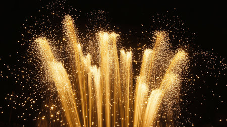 A captivating image of golden fireworks cascading down from the sky, resembling sparkling waterfalls and creating a dazzling visual effect against a black backdrop.の素材