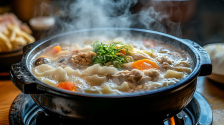 A steaming hot pot filled with fresh ingredients, bubbling on a wooden table, ready to be served.の素材
