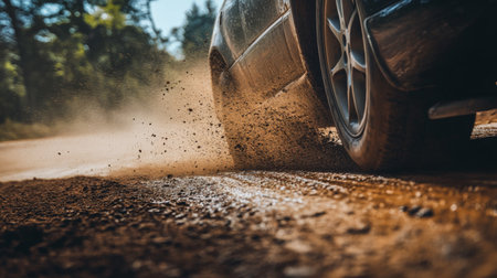 A close-up of a racing car's wheel kicking up dirt as it speeds around a curve, highlighting the power and performance of the vehicle in action.の素材