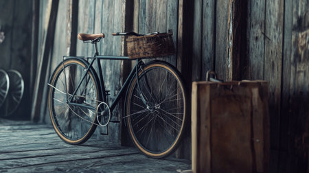 A close-up shot of a vintage bicycle parked against a rustic wall, highlighting its intricate details and evoking a sense of nostalgia in urban mobility.の素材
