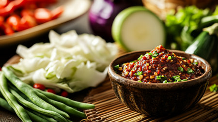 A close-up of freshly cut raw vegetables, including green beans and cabbage, surrounding a bowl of chili paste, placed on a bamboo mat for a traditional touch.の素材
