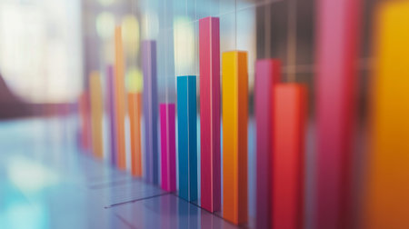 A detailed close-up of a business bar graph with glossy bars, showcasing performance metrics, against a light background with soft focus elements for a professional look.の素材