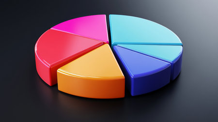 A close-up view of a D pie chart with distinct segments, showcasing data distribution in bright colors, highlighted by reflections and shadows for depth.の素材