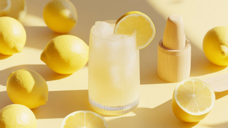 A creative composition featuring a tall glass of lemonade filled with ice, surrounded by whole lemons and a wooden citrus juicer, emphasizing freshness and flavor.の素材