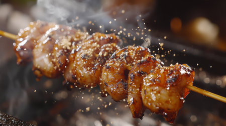 A close-up of charred large shrimp skewered on a stick, glistening with seasoning, capturing the juicy texture and smoky flavor of grilled seafood.の素材