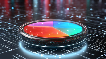 A dynamic D pie chart rotating on a digital interface, showcasing real-time data analysis with colorful segments, against a futuristic technology-inspired background.の素材