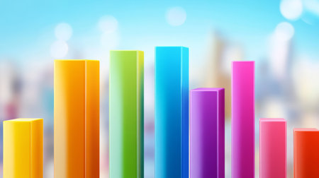 A dynamic business bar graph illustrating company growth, featuring vibrant bars with upward trends, set against a blurred cityscape background for a corporate vibe.の素材