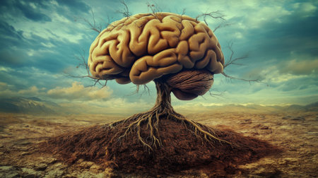 A conceptual image of a human brain surrounded by nature, with roots extending from it into the earth, illustrating the connection between mind and environment.の素材