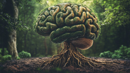 A conceptual image of a human brain surrounded by nature, with roots extending from it into the earth, illustrating the connection between mind and environment.の素材