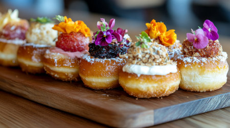 A delightful view of donuts with unique toppings, like fruit slices and edible flowers, displayed elegantly on a wooden board for a gourmet touch.の素材
