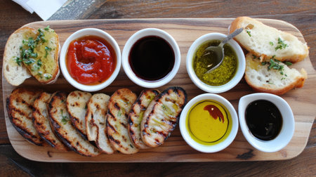 A colorful display of cooked sausages on a wooden board, served with dipping sauces and fresh bread, highlighting their delicious and inviting nature.の素材