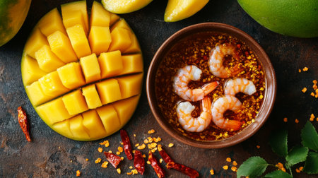 A flat lay of freshly cut mango slices surrounding a ceramic bowl of sweet fish sauce, with dried shrimp and chili flakes scattered for a vibrant, colorful presentation.の素材