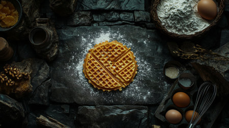 A flat lay of waffle ingredients like flour, eggs, sugar, and a whisk, with a finished golden-brown waffle in the center on a dark stone background.の素材