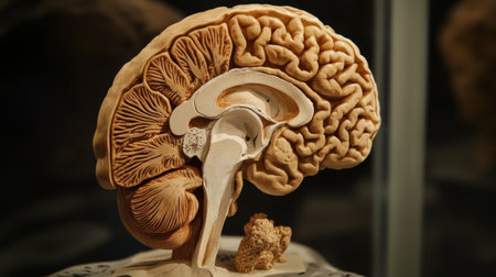 A detailed close-up of a human brain model, showcasing the intricate folds and structures, set against a dark background to highlight its complexity and beauty.の素材
