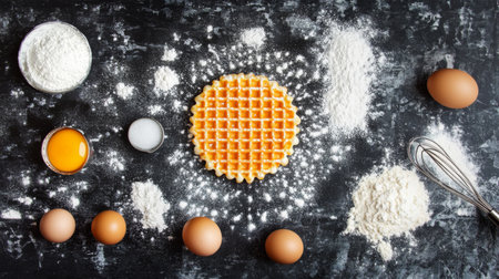 A flat lay of waffle ingredients like flour, eggs, sugar, and a whisk, with a finished golden-brown waffle in the center on a dark stone background.の素材
