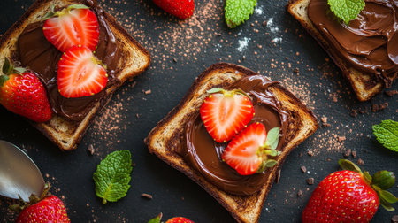 A flat lay of toasted bread with a layer of rich chocolate spread, topped with fresh strawberries and mint leaves, creating an appealing and indulgent breakfast scene.の素材