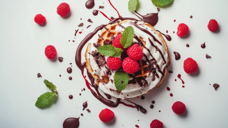 A minimalist flat lay of a waffle topped with raspberries, chocolate drizzle, and mint leaves, presented on a light grey background with elegant composition.の素材