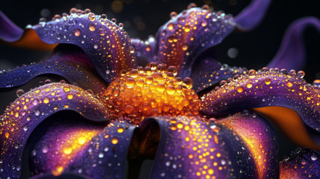 A macro perspective of a violet flower with dew-covered petals, showcasing the intricate textures and colors enhanced by the sparkling droplets of water.の素材