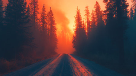 A haunting view of a forest road lined with smoke from a nearby wildfire, with trees silhouetted against the fiery background, creating a sense of urgency and danger.の素材