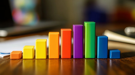 A minimalistic business bar graph with solid-colored bars arranged in ascending order, displayed on a wooden desk with a laptop and notepad in the background.の素材