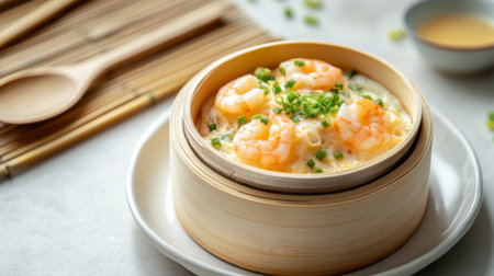 A minimalist shot of a bowl of steamed egg, topped with shrimp and green onions, set on a white plate with a wooden spoon and a bamboo mat in the background.の素材