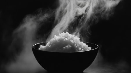 A minimalist shot of hot steamed rice in a simple black bowl, with steam rising and soft natural light highlighting the texture of the fluffy grains.の素材