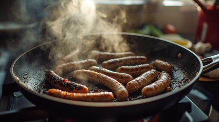 A sizzling pan filled with various sausages cooking to a golden brown, with steam rising and a backdrop of fresh vegetables, illustrating a hearty meal preparation.の素材