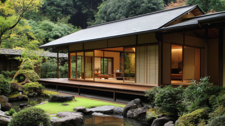 A modern Japanese house with clean lines and large windows, blending traditional elements with contemporary design, set against a serene landscape.の素材