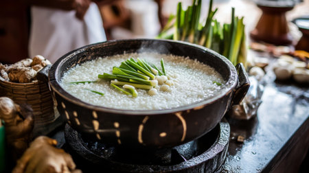 A rustic kitchen scene with a pot of simmering rice porridge on the stove, surrounded by fresh ingredients like ginger and green onions, highlighting the cooking process.の素材