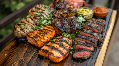 A rustic wooden board featuring an assortment of grilled steaks, including salmon, pork, and beef, garnished with fresh herbs and surrounded by colorful condiments.の素材
