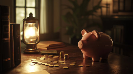 A piggy bank on a wooden desk with a few scattered coins, creating a warm atmosphere that emphasizes the importance of saving for future aspirations.の素材