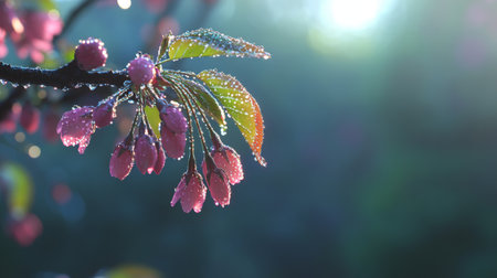 A soft-focus image of a cherry blossom branch covered in dew, with delicate pink petals enhancing the feeling of tranquility and the fleeting nature of spring.の素材