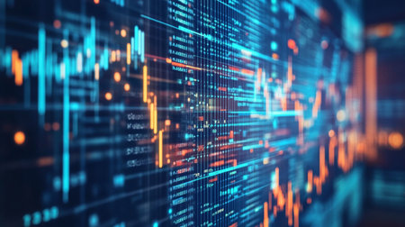 A screen filled with various stock tickers and trading alerts, capturing the fast-paced environment of the stock trading world.の素材