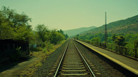A serene view of a railway track stretching into the distance, framed by lush greenery and a clear blue sky, symbolizing journey and exploration.の素材