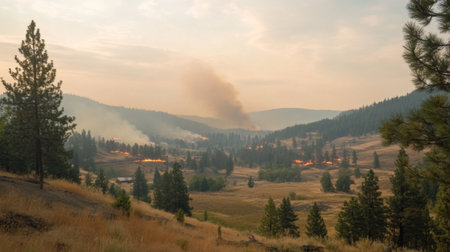 A serene landscape before the wildfire, showing lush green trees and a clear sky, contrasted with an adjacent area engulfed in flames, illustrating the devastating impact.の素材