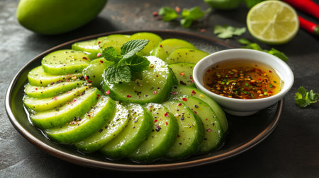 A side view of fresh green mango slices placed neatly on a plate, served with a small bowl of sweet fish sauce, showing the textures and colors of the dish.の素材