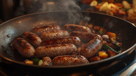 A sizzling pan filled with various sausages cooking to a golden brown, with steam rising and a backdrop of fresh vegetables, illustrating a hearty meal preparation.の素材