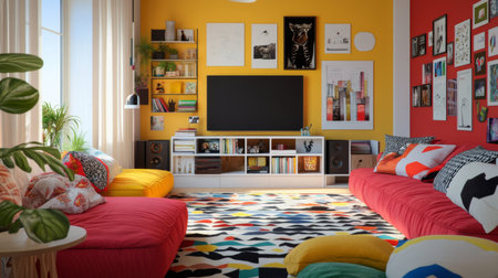 A vibrant living room decorated with colorful cushions and a patterned rug, featuring a modern entertainment center and playful decor elements for a lively ambiance.の素材