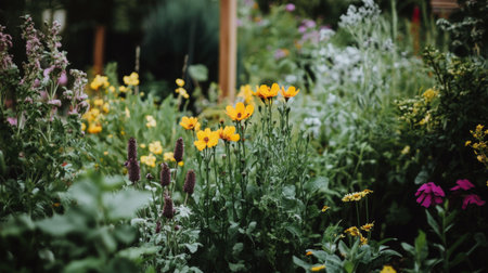 A vibrant garden filled with blooming flowers, vegetables, and herbs, showcasing the benefits of sustainable gardening practices for a healthier planet.の素材