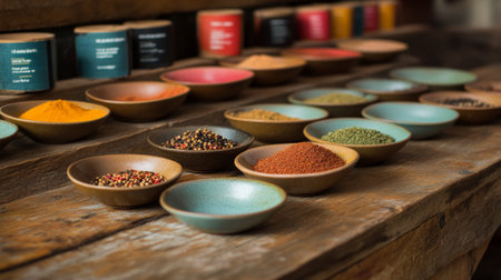 A vibrant assortment of spices in small bowls on a wooden table, with colorful labels and textures, capturing the diversity and richness of flavors in cooking.の素材