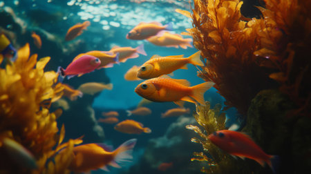 A vibrant aquarium filled with colorful fish swimming among lush plants and decorative rocks, creating a lively underwater world full of charm.の素材