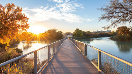A tranquil view of a pedestrian bridge crossing over a river, surrounded by nature, emphasizing the importance of walkability in urban design.の素材