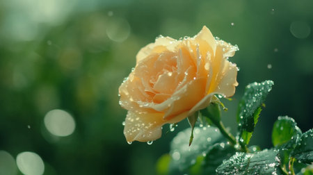 A stunning image of a blooming rose with droplets of water clinging to its velvety petals, set against a soft-focus green background for a romantic effect.の素材