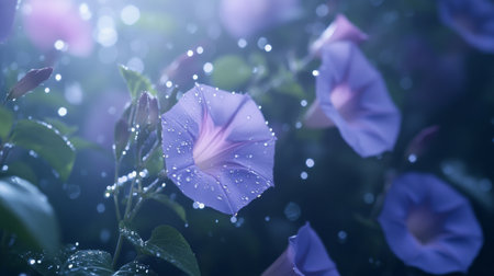 A stunning view of a field of morning glories adorned with droplets, capturing the freshness of dawn and the beauty of these climbing flowers in bloom.の素材