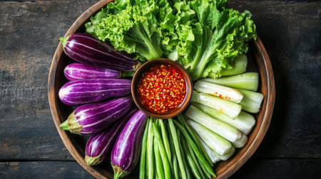 A top-down view of a serving tray filled with crisp, fresh vegetables like lettuce, morning glory, and eggplants, with a small bowl of spicy chili paste in the center.の素材