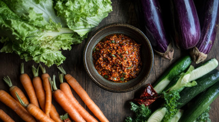 A top-down shot of an assortment of fresh vegetables like carrots, eggplants, and lettuce, elegantly arranged around a bowl of shrimp chili paste on a wooden table.の素材