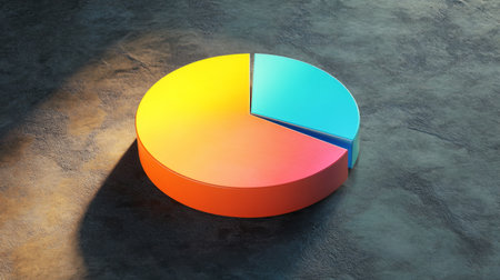 A top-down view of a D pie chart showcasing sales performance, with vibrant segments and shadow effects, set against a textured dark surface for contrast.の素材