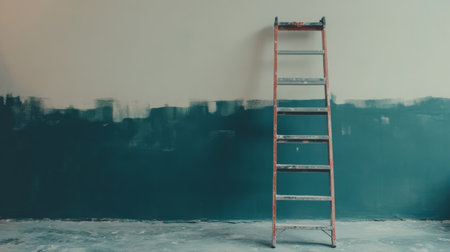 A view of a partially painted room, with one wall in a soothing color and a ladder leaning against another wall, ready for a fresh transformation.の素材